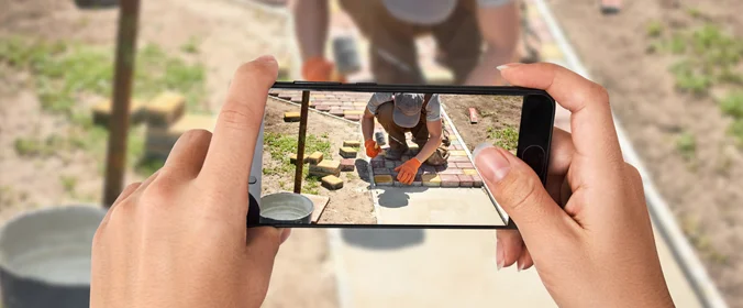 foto de um celular olhando pela tela uma pessoa instalando uma calçada de cimento